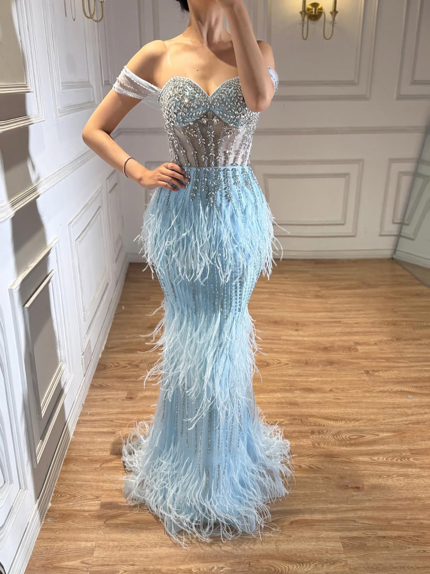 Luxury Caramel Off Shoulder Beaded Feather Mermaid Evening Dress LA73193A SERENE HILL