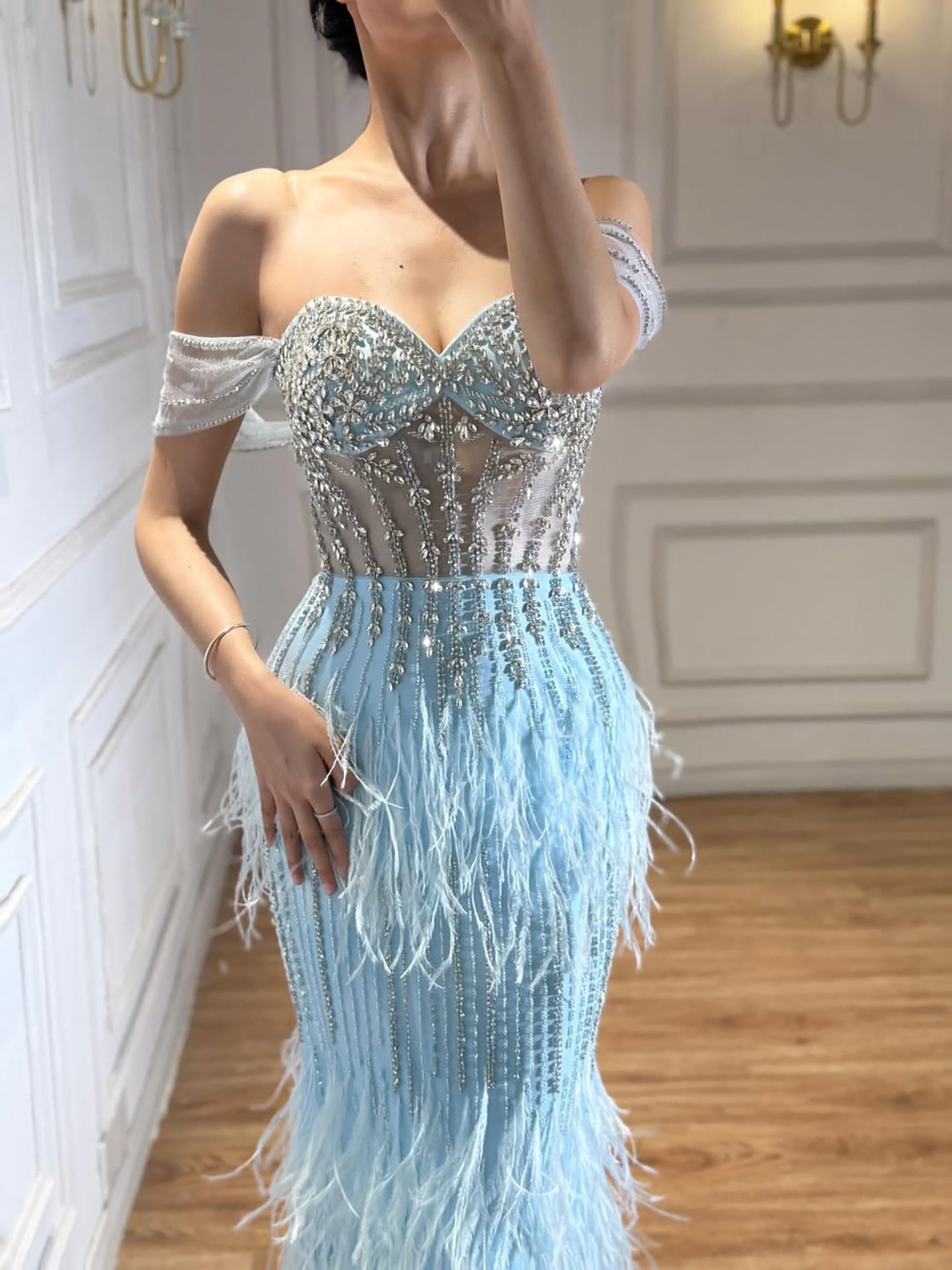 Luxury Caramel Off Shoulder Beaded Feather Mermaid Evening Dress LA73193A SERENE HILL