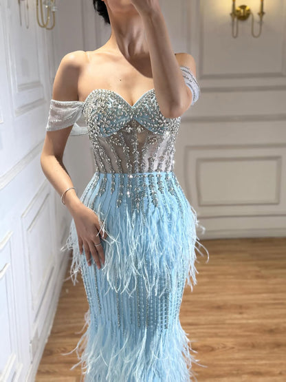 Luxury Caramel Off Shoulder Beaded Feather Mermaid Evening Dress LA73193A SERENE HILL
