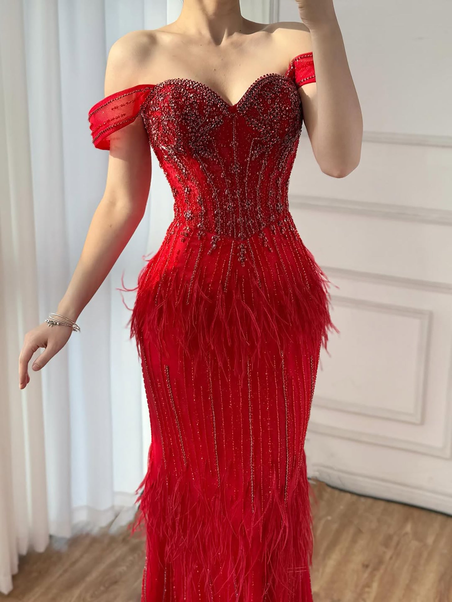 Luxury Caramel Off Shoulder Beaded Feather Mermaid Evening Dress LA73193A SERENE HILL