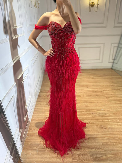 Luxury Caramel Off Shoulder Beaded Feather Mermaid Evening Dress LA73193A SERENE HILL