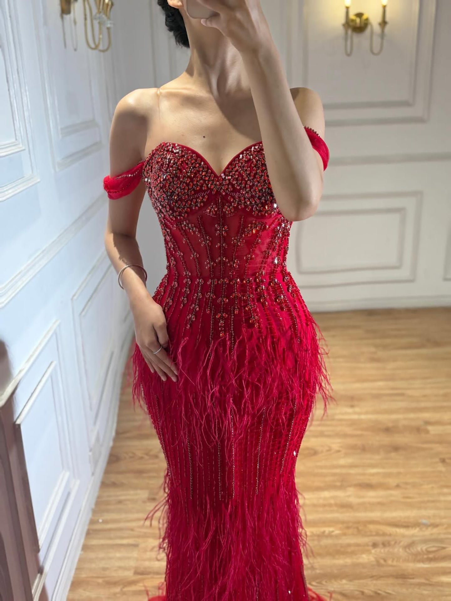 Luxury Caramel Off Shoulder Beaded Feather Mermaid Evening Dress LA73193A SERENE HILL
