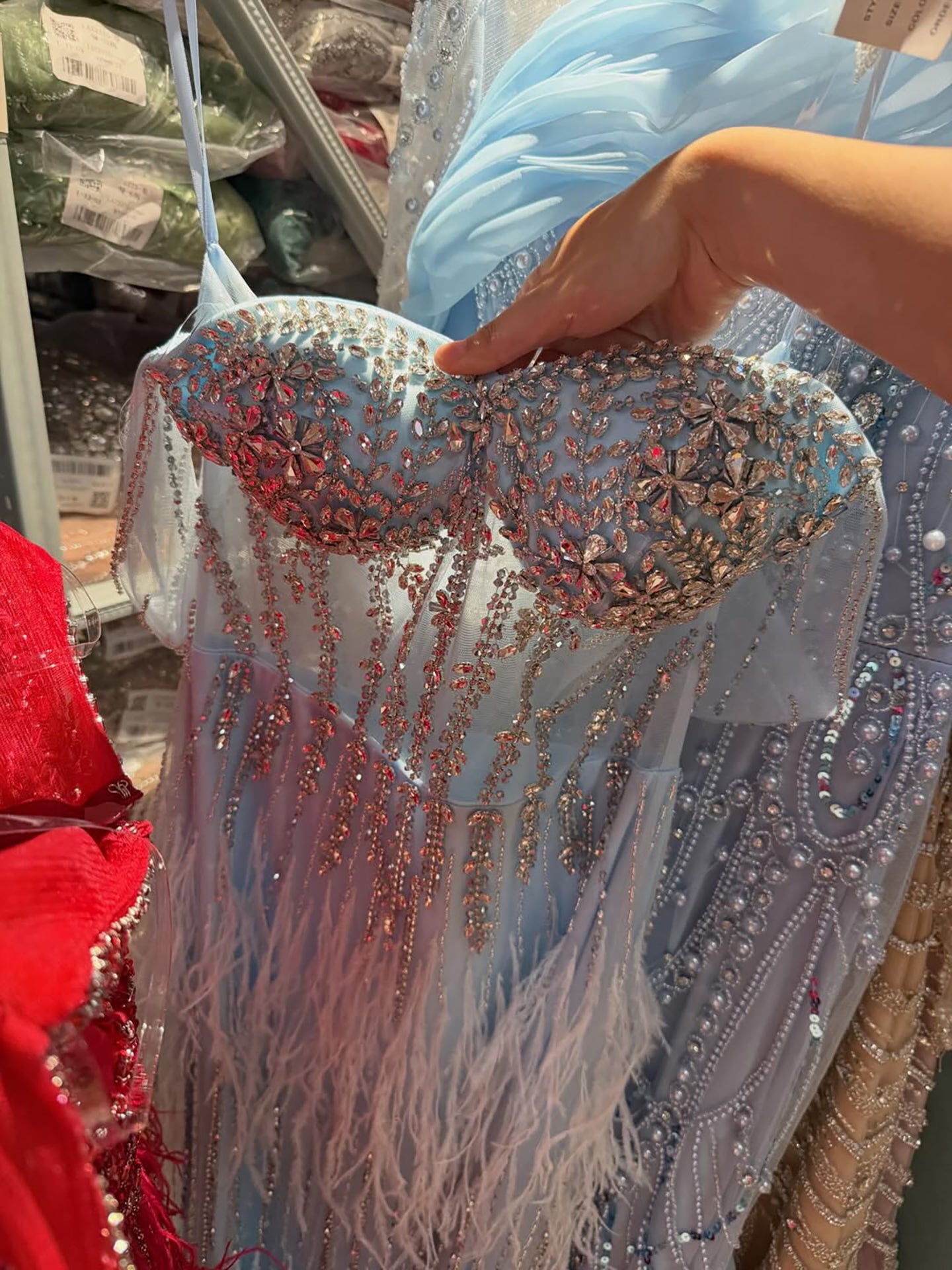 Luxury Caramel Off Shoulder Beaded Feather Mermaid Evening Dress LA73193A SERENE HILL