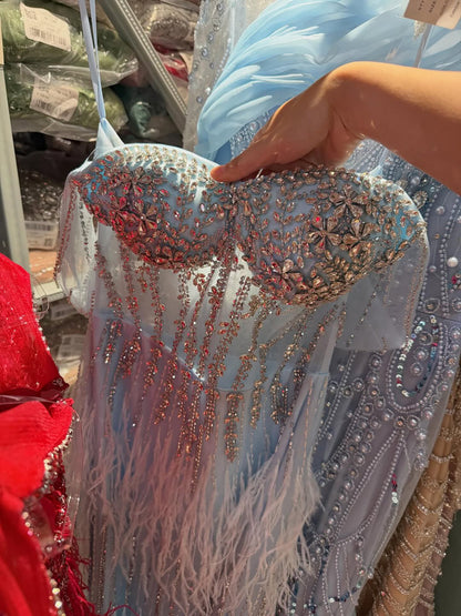 Luxury Caramel Off Shoulder Beaded Feather Mermaid Evening Dress LA73193A SERENE HILL