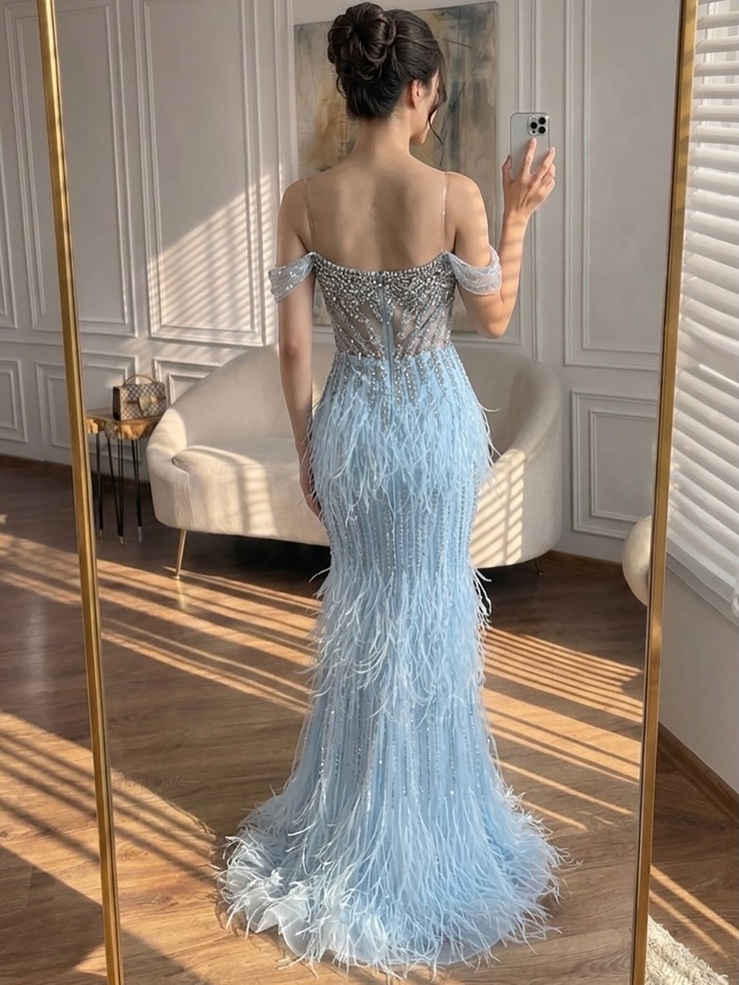 Luxury Caramel Off Shoulder Beaded Feather Mermaid Evening Dress LA73193A SERENE HILL