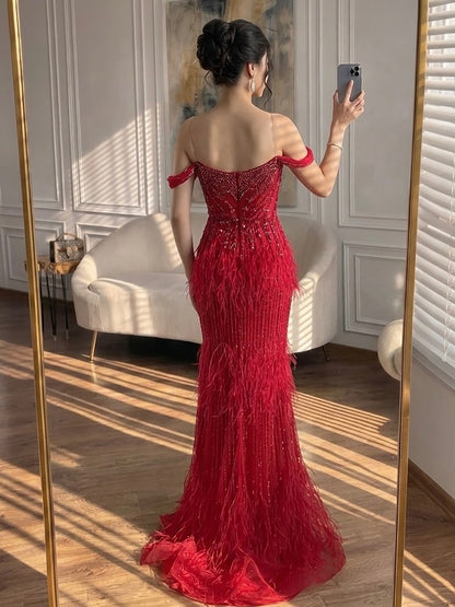 Luxury Caramel Off Shoulder Beaded Feather Mermaid Evening Dress LA73193A SERENE HILL