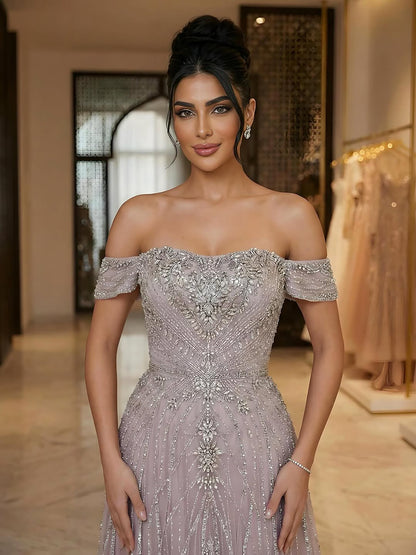 Luxury Dubai Nude Strapless Beaded A-Line Evening Dress LA73195A - SERENE  HILL