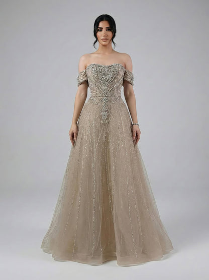 Luxury Dubai Nude Strapless Beaded A-Line Evening Dress LA73195A - SERENE  HILL