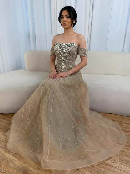 Luxury Dubai Nude Strapless Beaded A-Line Evening Dress LA73195A - SERENE  HILL