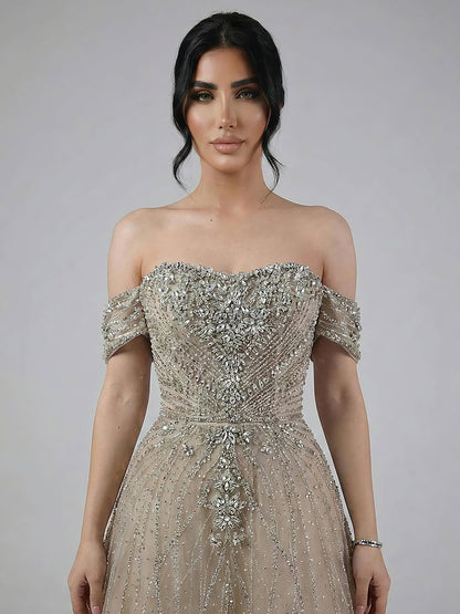 Luxury Dubai Nude Strapless Beaded A-Line Evening Dress LA73195A - SERENE  HILL