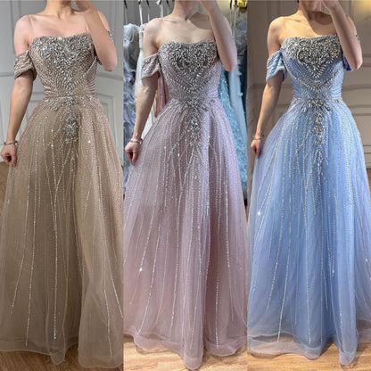 Luxury Dubai Nude Strapless Beaded A-Line Evening Dress LA73195A - SERENE  HILL