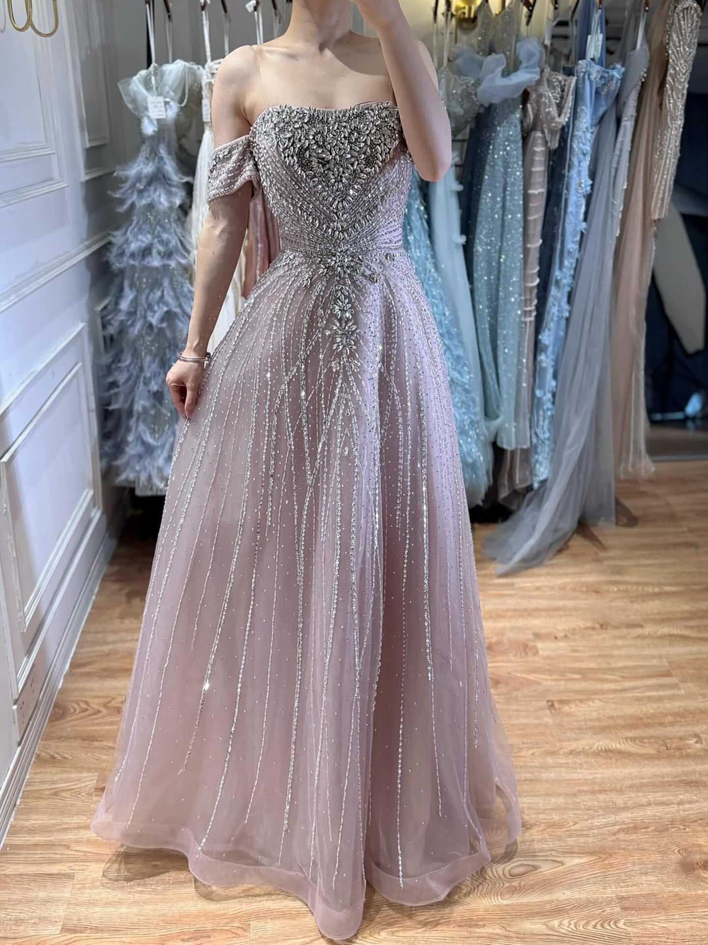 Luxury Dubai Nude Strapless Beaded A-Line Evening Dress LA73195A - SERENE  HILL