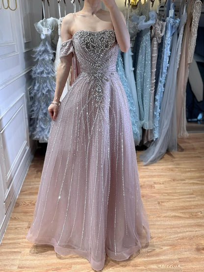 Luxury Dubai Nude Strapless Beaded A-Line Evening Dress LA73195A - SERENE  HILL
