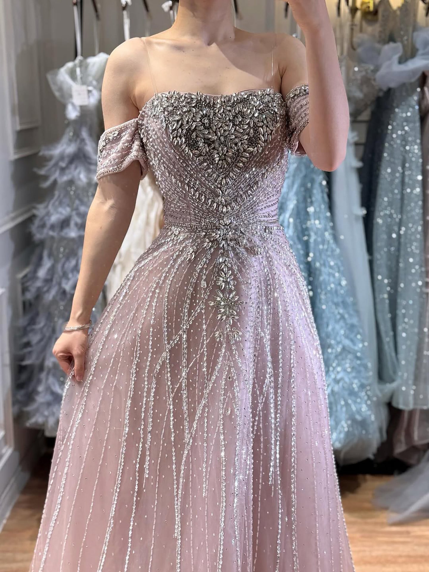 Luxury Dubai Nude Strapless Beaded A-Line Evening Dress LA73195A - SERENE  HILL