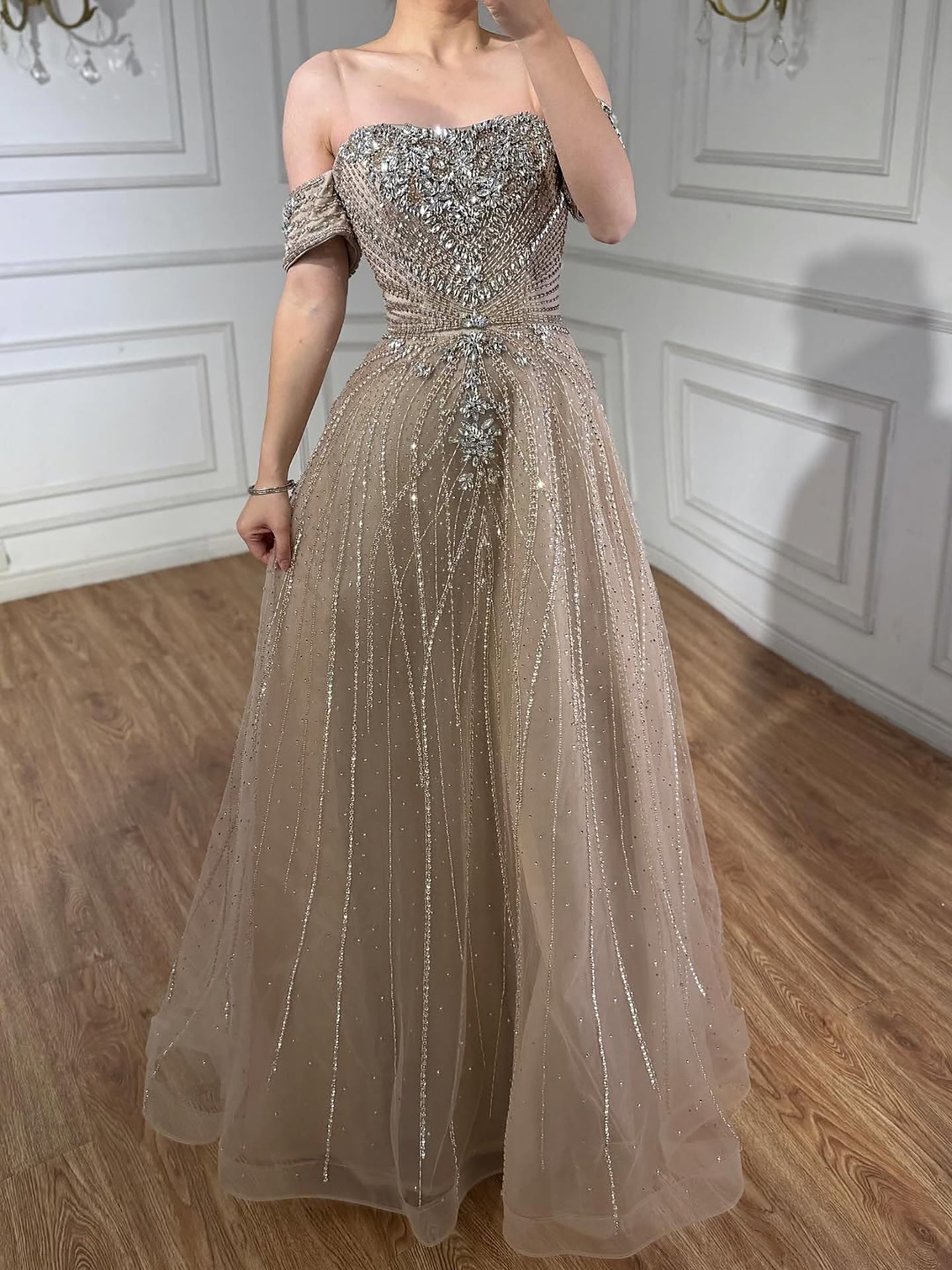 Luxury Dubai Nude Strapless Beaded A-Line Evening Dress LA73195A - SERENE  HILL