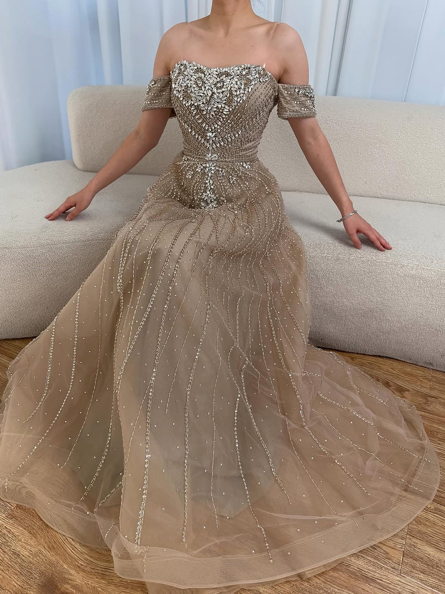 Luxury Dubai Nude Strapless Beaded A-Line Evening Dress LA73195A - SERENE  HILL