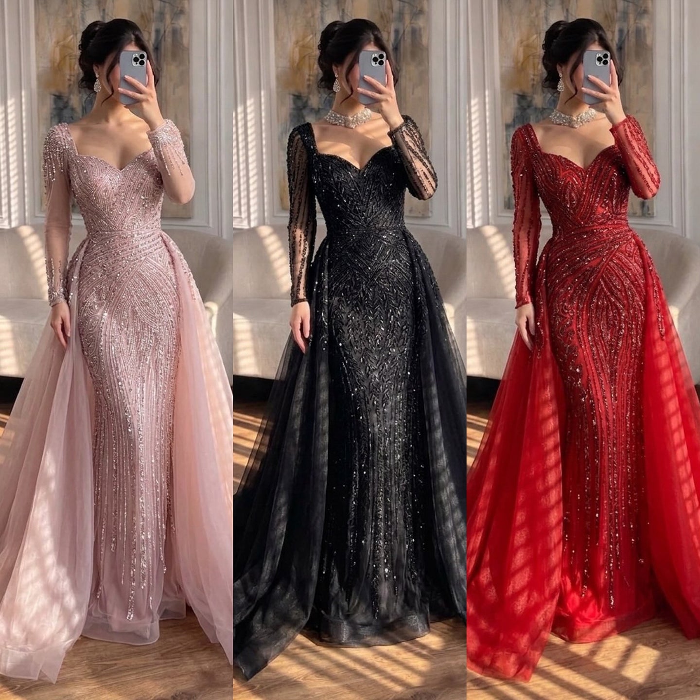 Luxury Dubai Pink Evening Dress Long Sleeve with Train LA73198 - SERENE  HILL