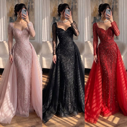 Luxury Dubai Pink Evening Dress Long Sleeve with Train LA73198 - SERENE  HILL