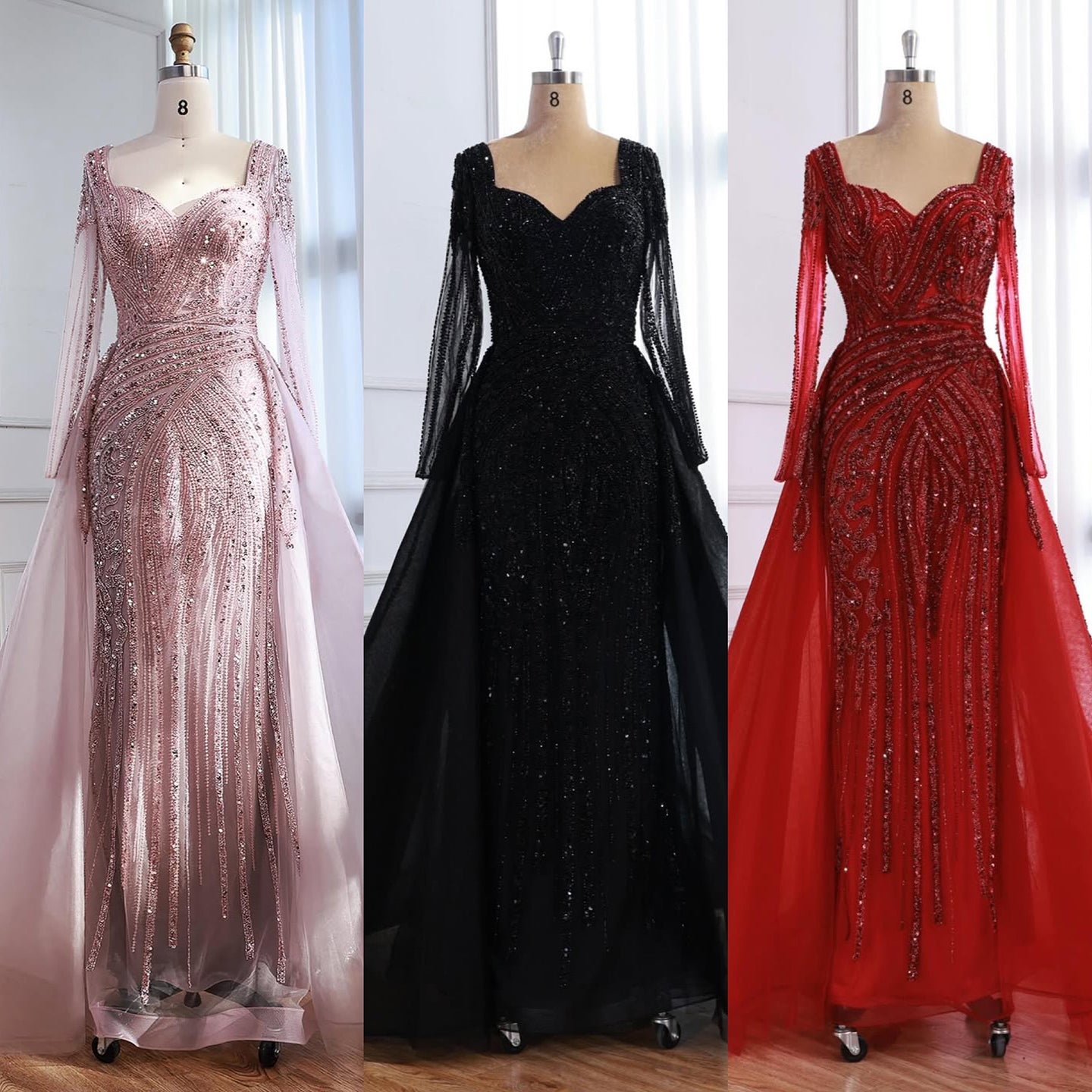 Luxury Dubai Pink Evening Dress Long Sleeve with Train LA73198 - SERENE  HILL