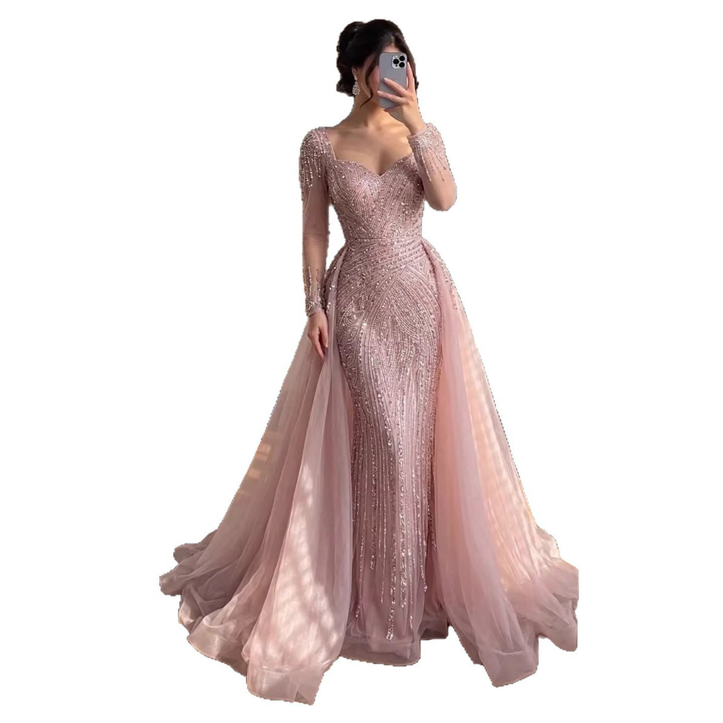 Luxury Dubai Pink Evening Dress Long Sleeve with Train LA73198 - SERENE  HILL