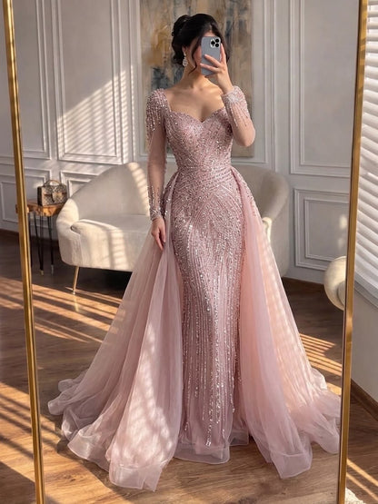 Luxury Dubai Pink Evening Dress Long Sleeve with Train LA73198 - SERENE  HILL
