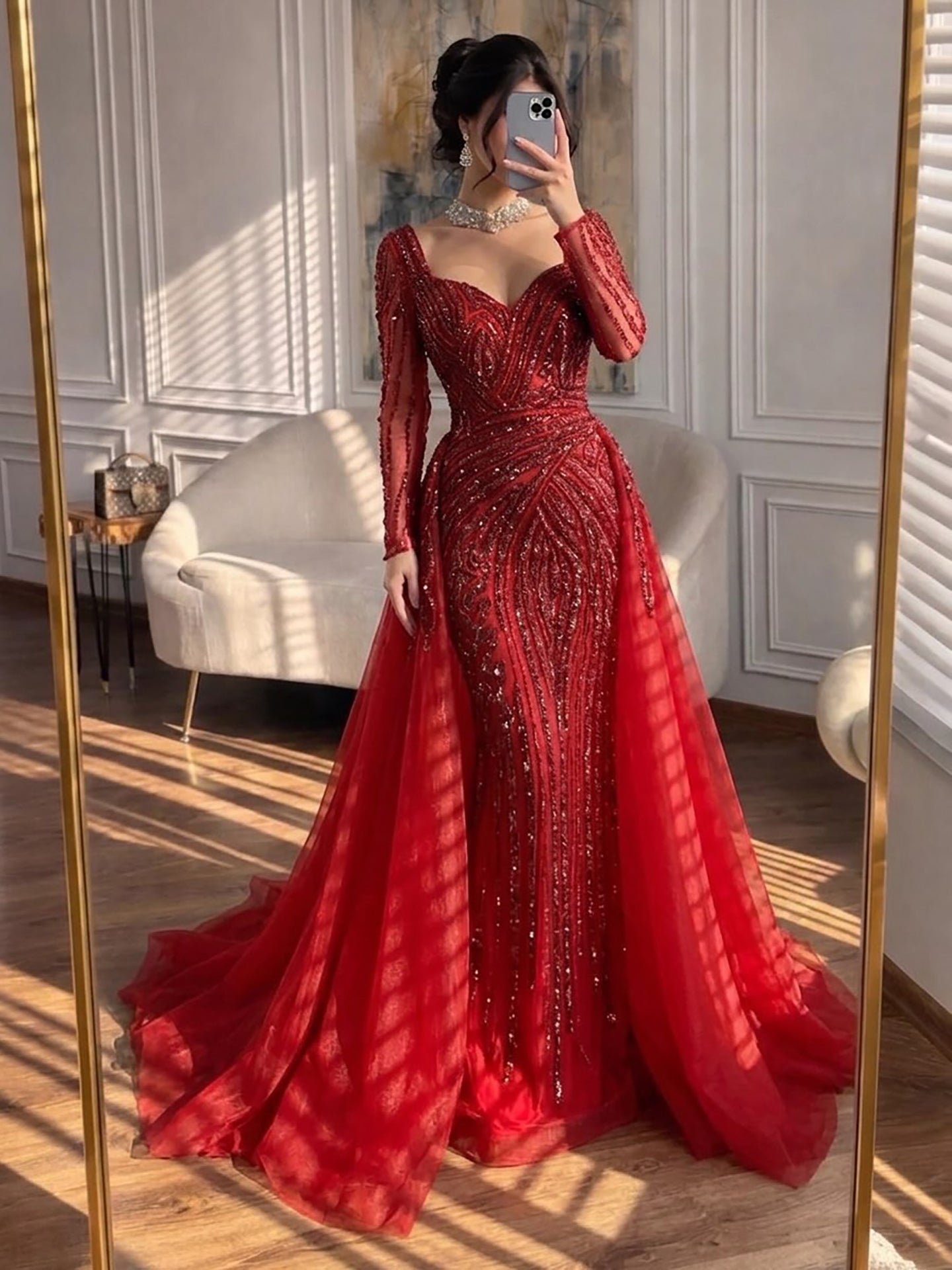 Luxury Dubai Pink Evening Dress Long Sleeve with Train LA73198 - SERENE  HILL