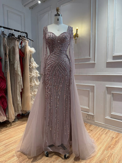 Luxury Pink Beaded Long Sleeve Mermaid Dress With Overskirt LA73198A