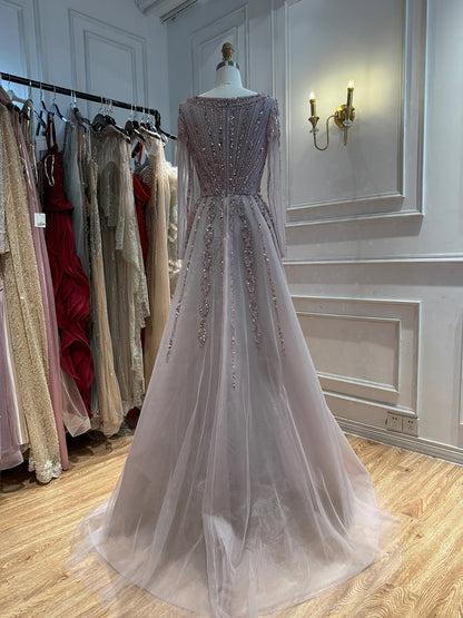 Luxury Pink Beaded Long Sleeve Mermaid Dress With Overskirt LA73198A