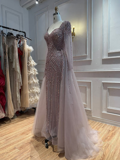Luxury Pink Beaded Long Sleeve Mermaid Dress With Overskirt LA73198A
