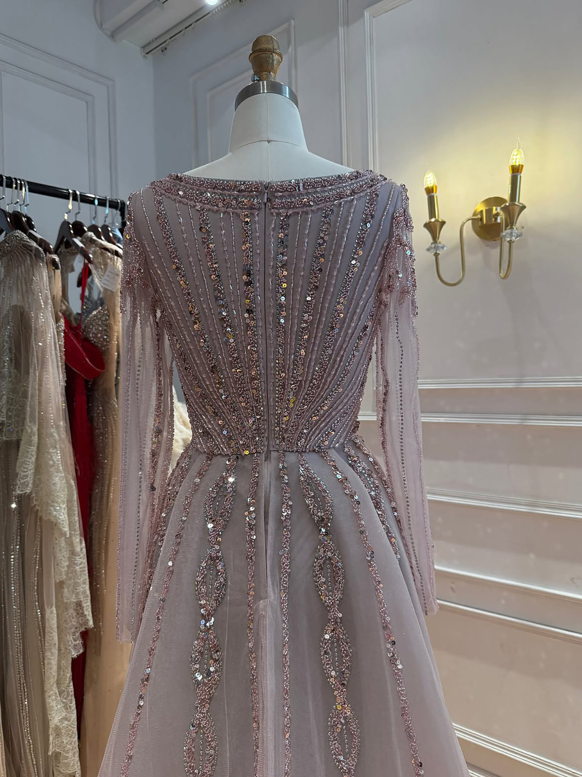 Luxury Pink Beaded Long Sleeve Mermaid Dress With Overskirt LA73198A