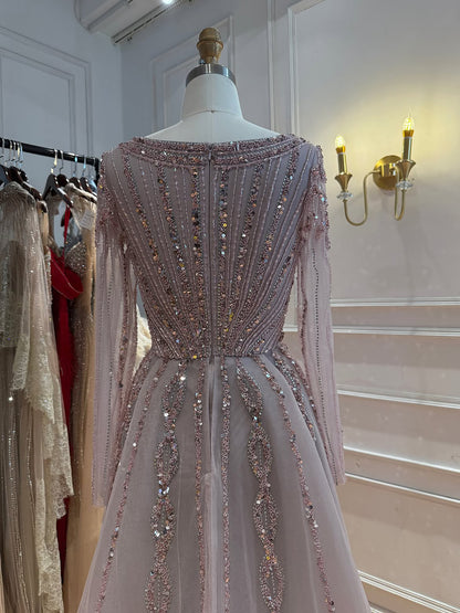 Luxury Pink Beaded Long Sleeve Mermaid Dress With Overskirt LA73198A