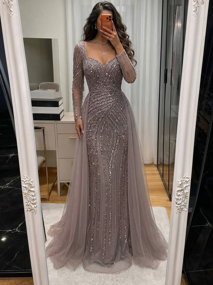 Luxury Pink Beaded Long Sleeve Mermaid Dress With Overskirt LA73198A