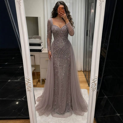 Luxury Pink Beaded Long Sleeve Mermaid Dress With Overskirt LA73198A