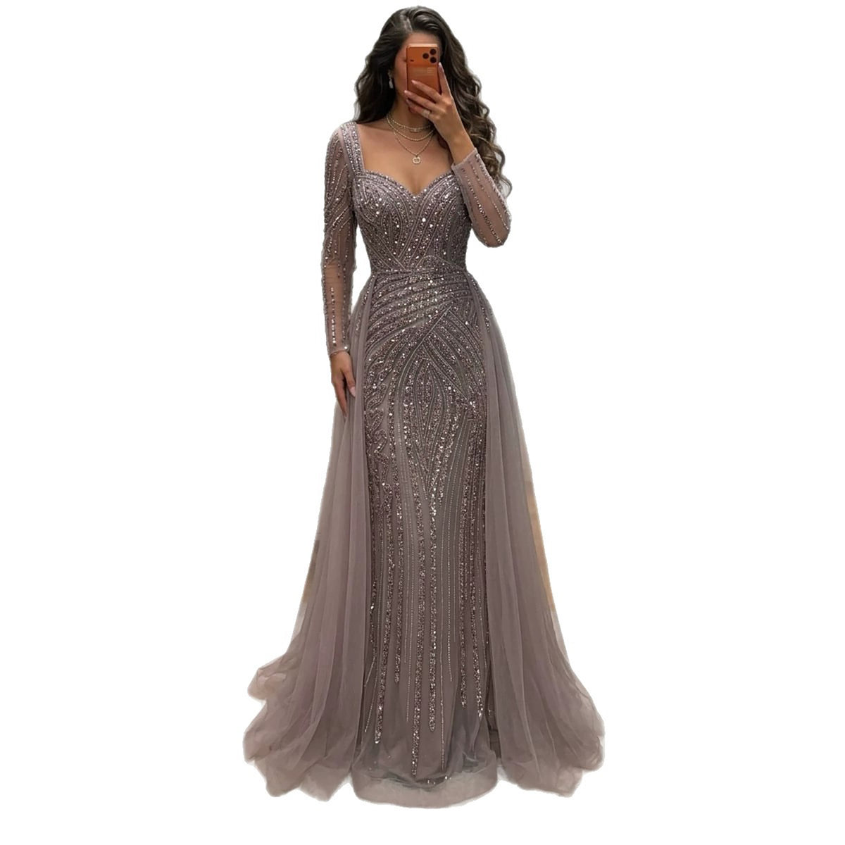 Luxury Pink Beaded Long Sleeve Mermaid Dress With Overskirt LA73198A