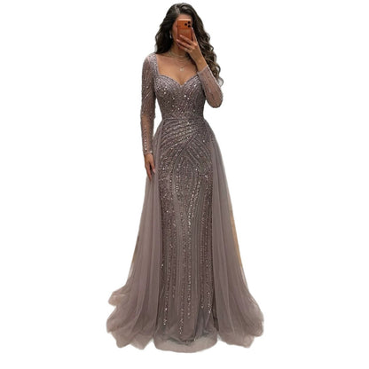 Luxury Pink Beaded Long Sleeve Mermaid Dress With Overskirt LA73198A