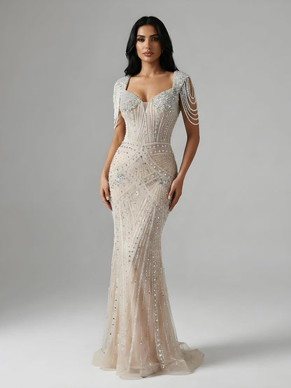 Luxury Nude Pearls Beaded Mermaid Evening Dress LA73199 - SERENE  HILL
