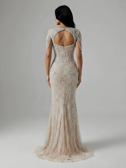 Luxury Nude Pearls Beaded Mermaid Evening Dress LA73199 - SERENE  HILL