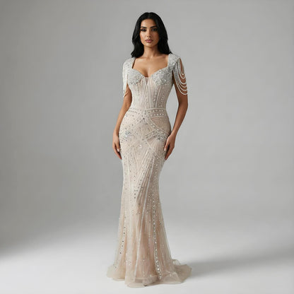 Luxury Nude Pearls Beaded Mermaid Evening Dress LA73199 - SERENE  HILL