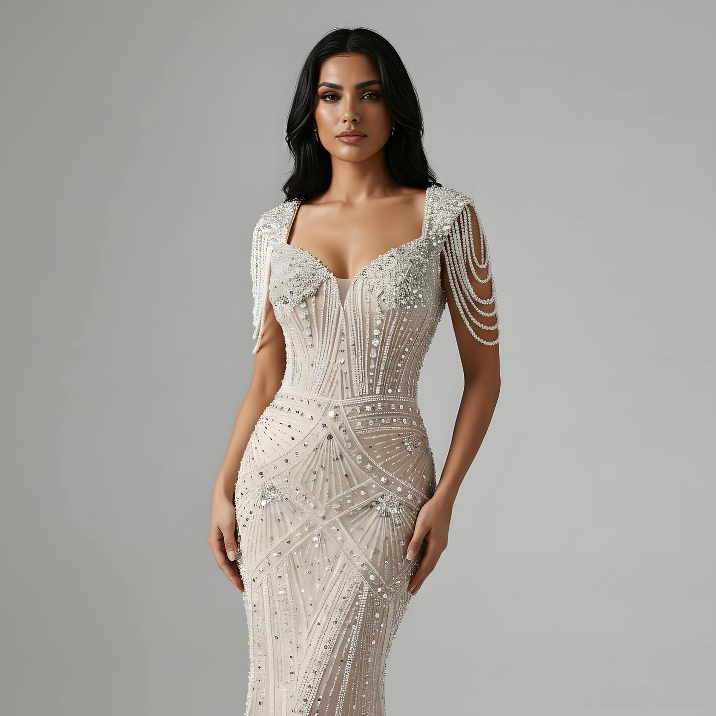 Luxury Nude Pearls Beaded Mermaid Evening Dress LA73199 - SERENE  HILL