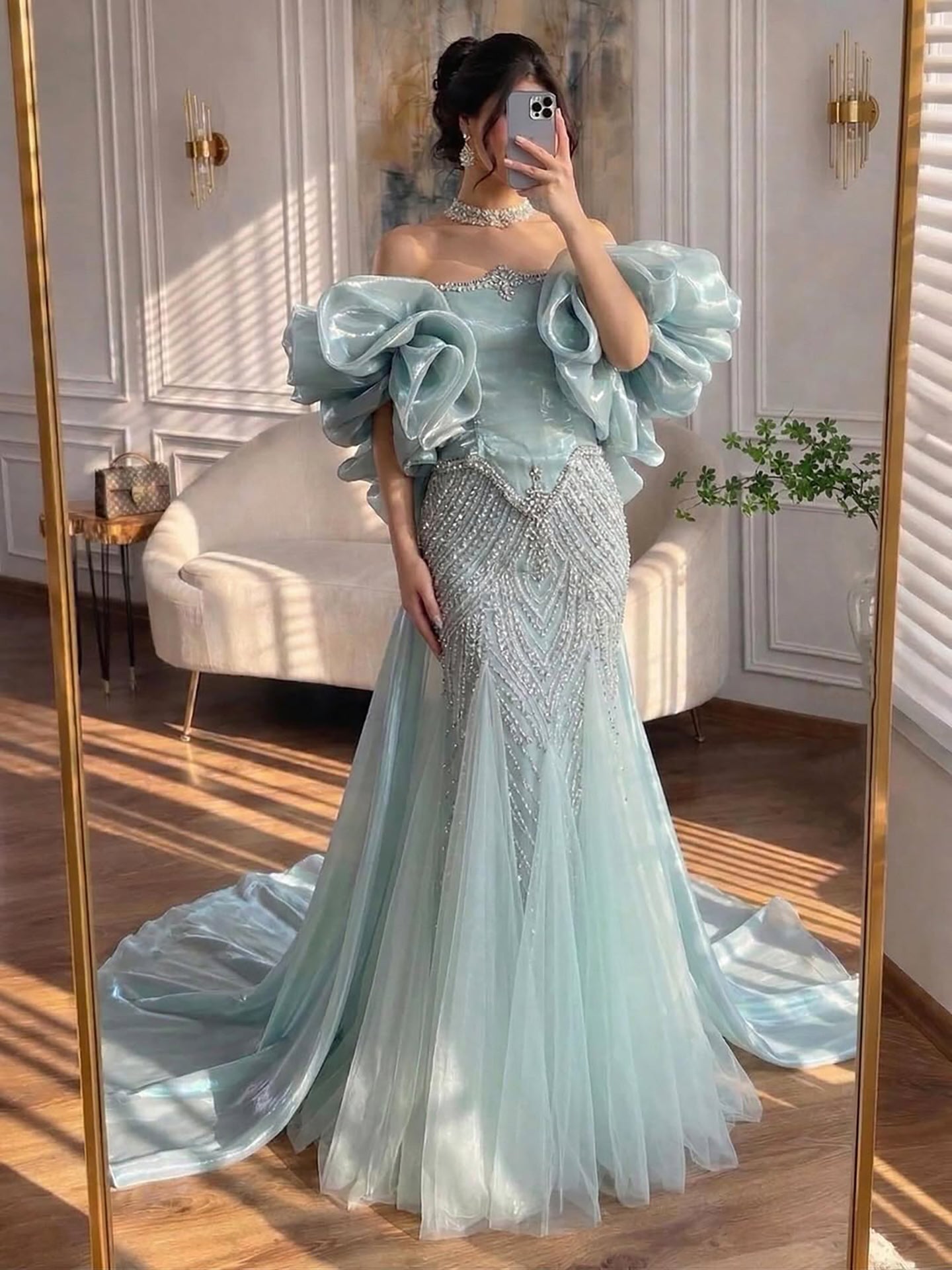 Luxury Sage Green Beaded Mermaid Evening Dress with Balloon Sleeves LA73201 - SERENE  HILL