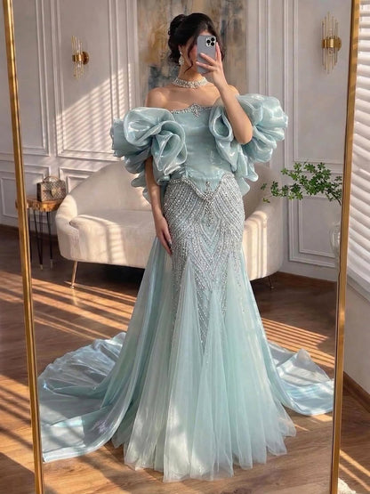 Luxury Sage Green Beaded Mermaid Evening Dress with Balloon Sleeves LA73201 - SERENE  HILL