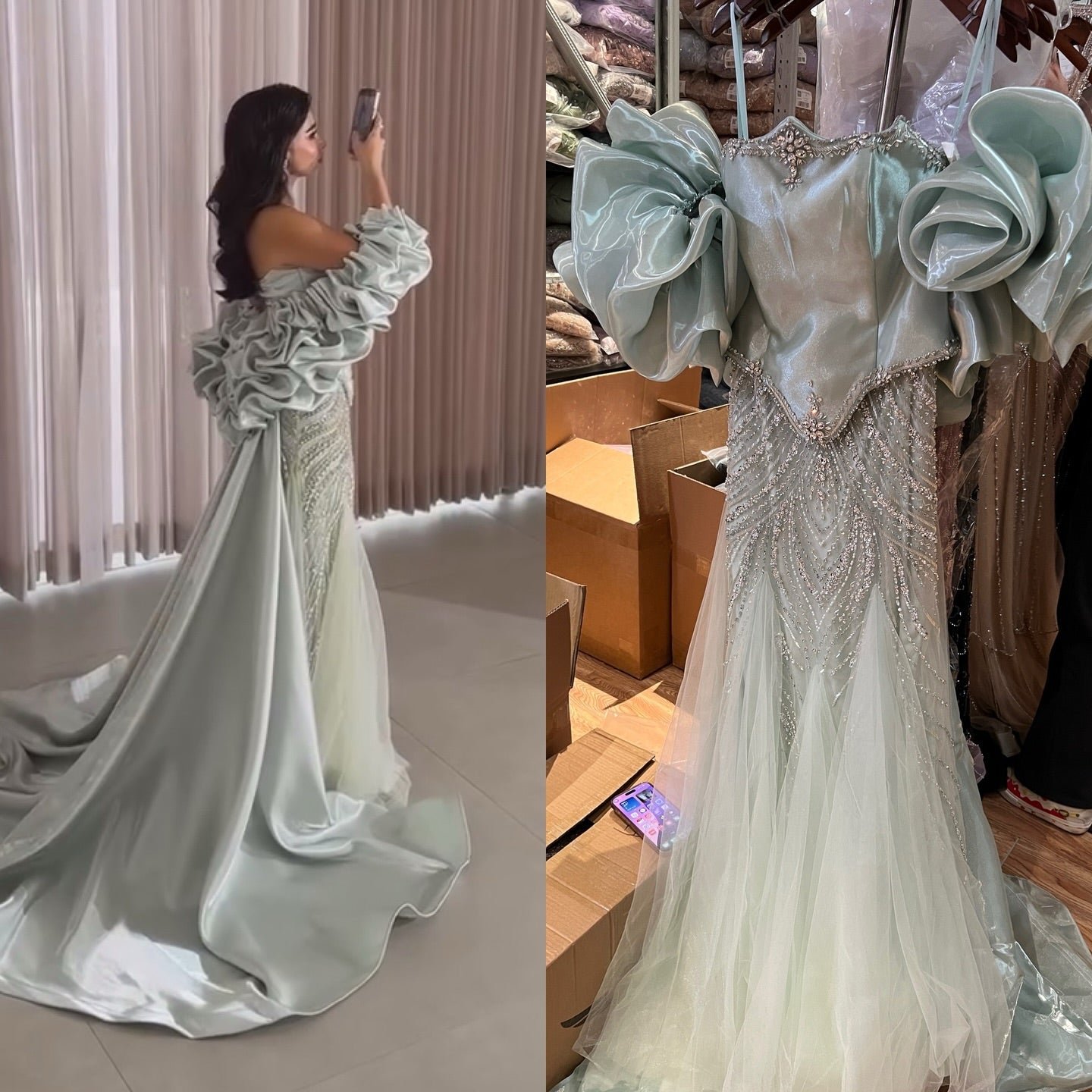 Luxury Sage Green Beaded Mermaid Evening Dress with Balloon Sleeves LA73201 - SERENE  HILL