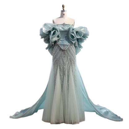 Luxury Sage Green Beaded Mermaid Evening Dress with Balloon Sleeves LA73201 - SERENE  HILL