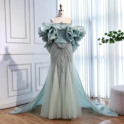 Luxury Sage Green Beaded Mermaid Evening Dress with Balloon Sleeves LA73201 - SERENE  HILL