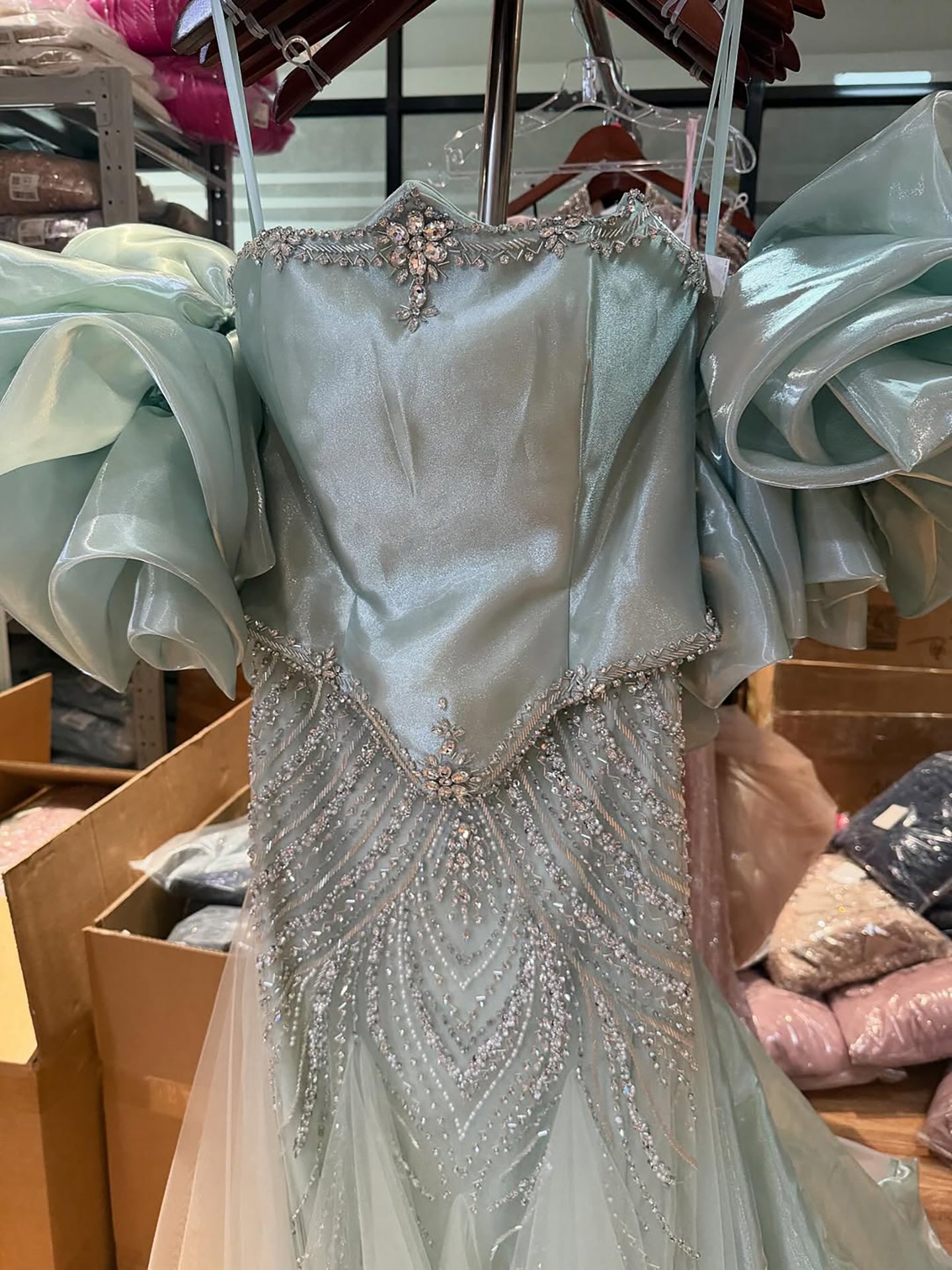 Luxury Sage Green Beaded Mermaid Evening Dress with Balloon Sleeves LA73201 - SERENE  HILL