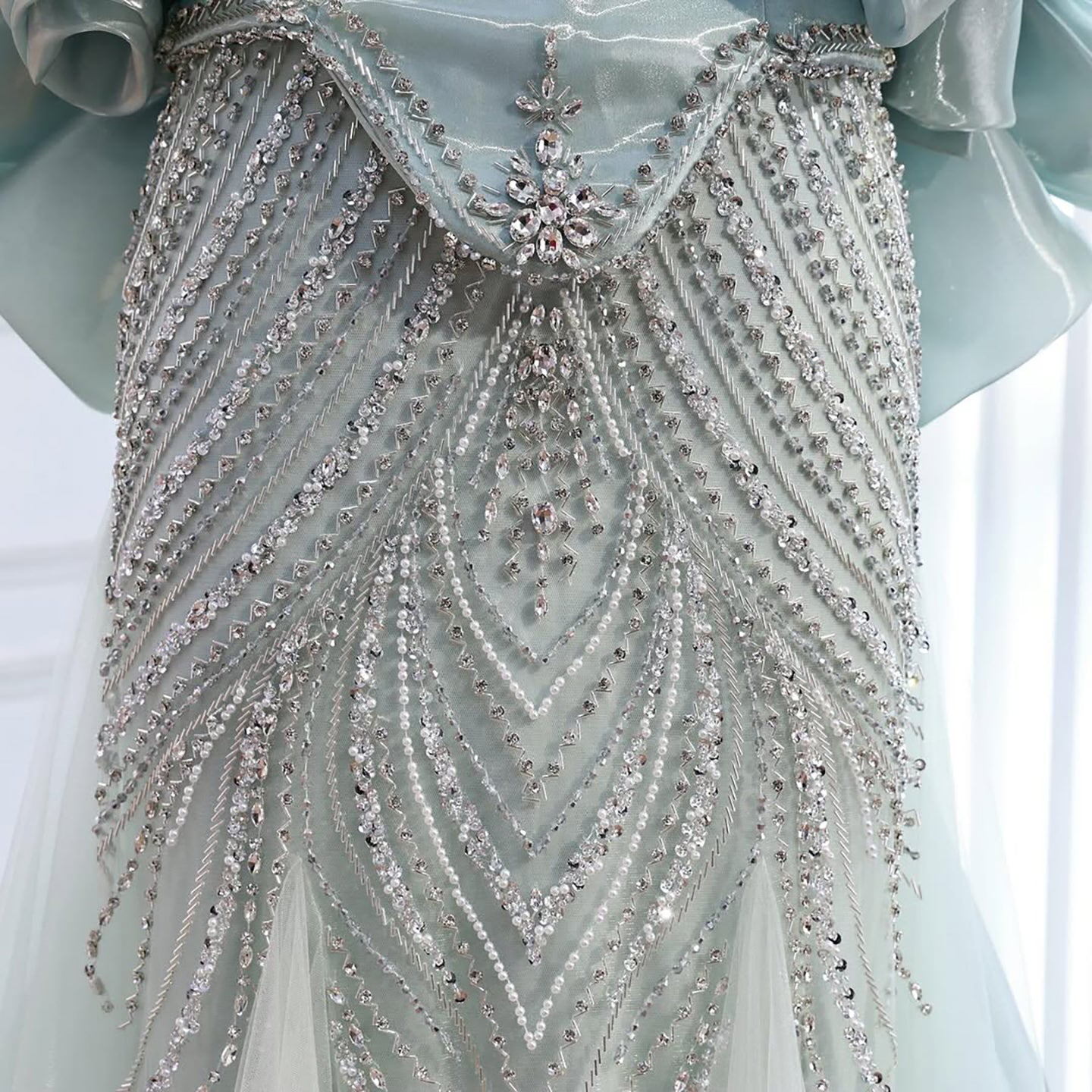 Luxury Sage Green Beaded Mermaid Evening Dress with Balloon Sleeves LA73201 - SERENE  HILL