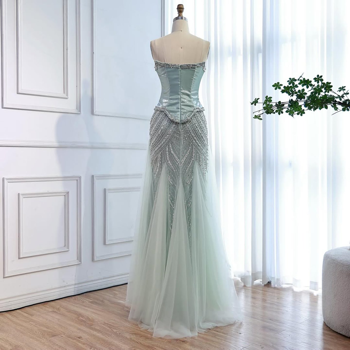 Luxury Sage Green Beaded Mermaid Evening Dress with Balloon Sleeves LA73201 - SERENE  HILL