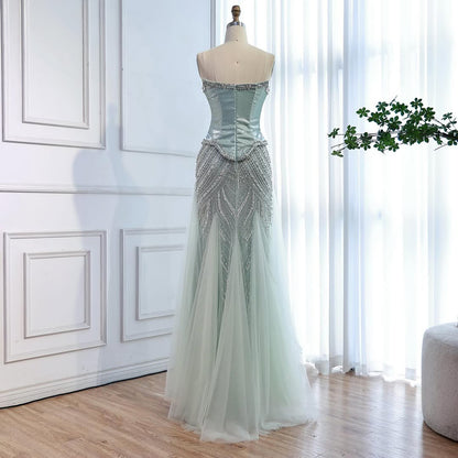 Luxury Sage Green Beaded Mermaid Evening Dress with Balloon Sleeves LA73201 - SERENE  HILL