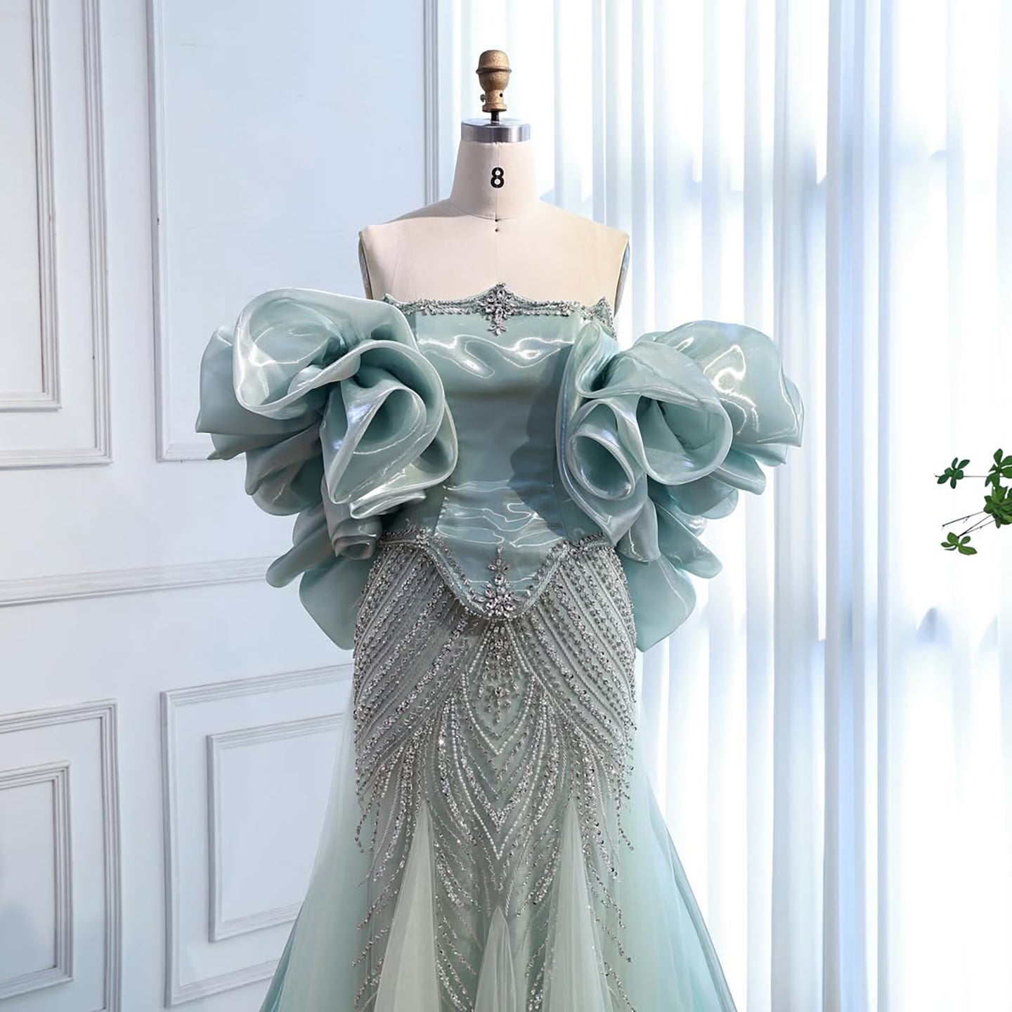 Luxury Sage Green Beaded Mermaid Evening Dress with Balloon Sleeves LA73201 - SERENE  HILL