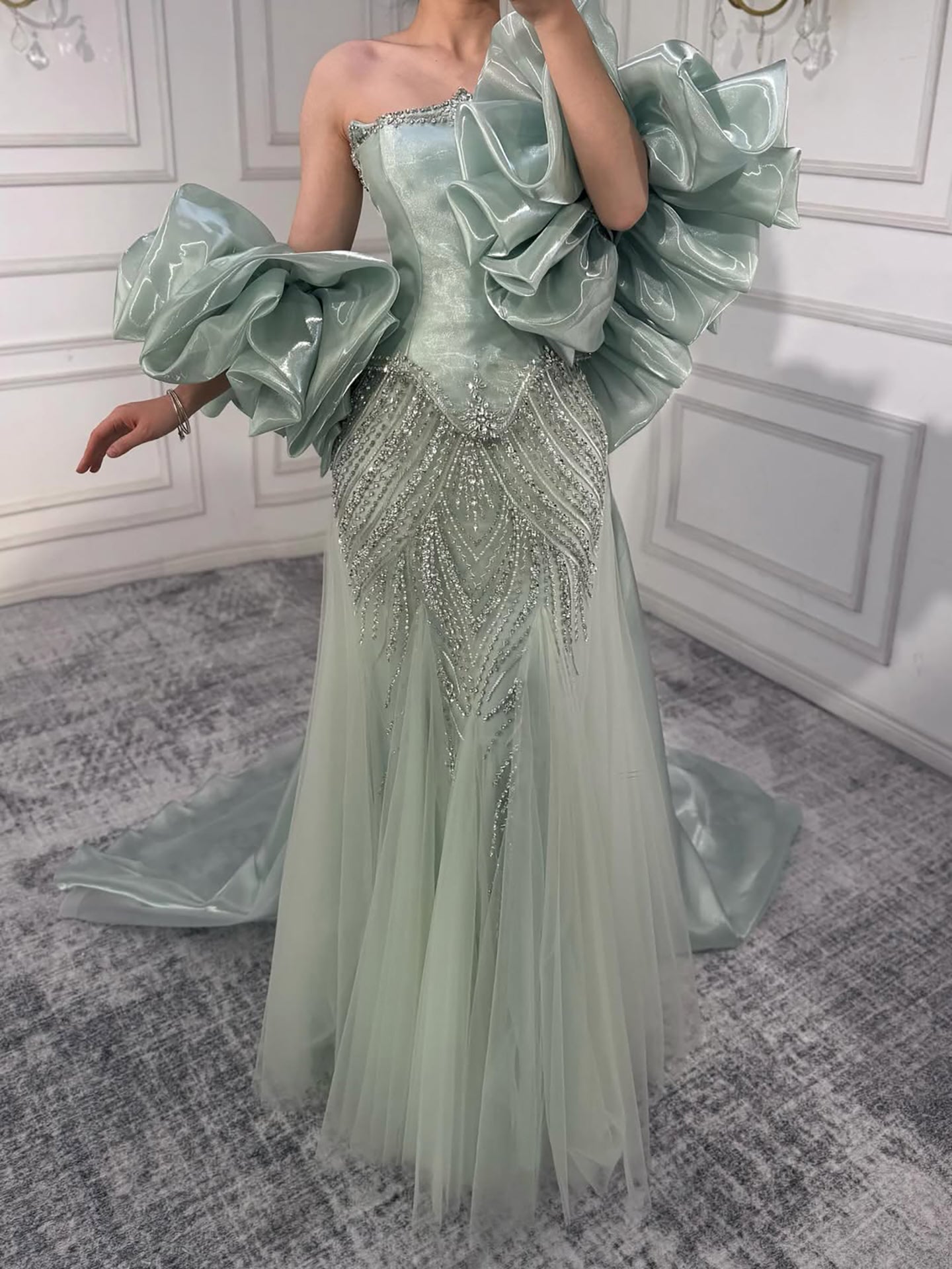 Luxury Sage Green Beaded Mermaid Evening Dress with Balloon Sleeves LA73201 - SERENE  HILL
